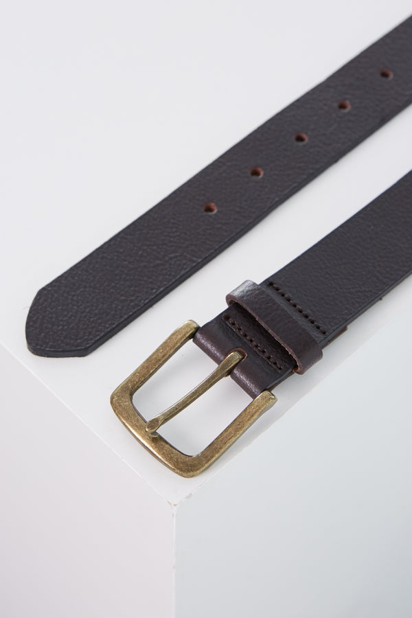 The Barkers Baywood Tumbled Leather Belt, featuring dark brown tumbled leather and a goldtone buckle, is displayed on a white surface with both the buckle and belt end visible.