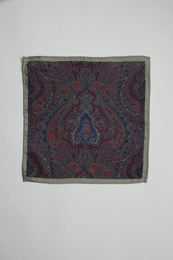 Parisian Paisley Wool Pocket Square in blue, red, and green on white by Parisian.