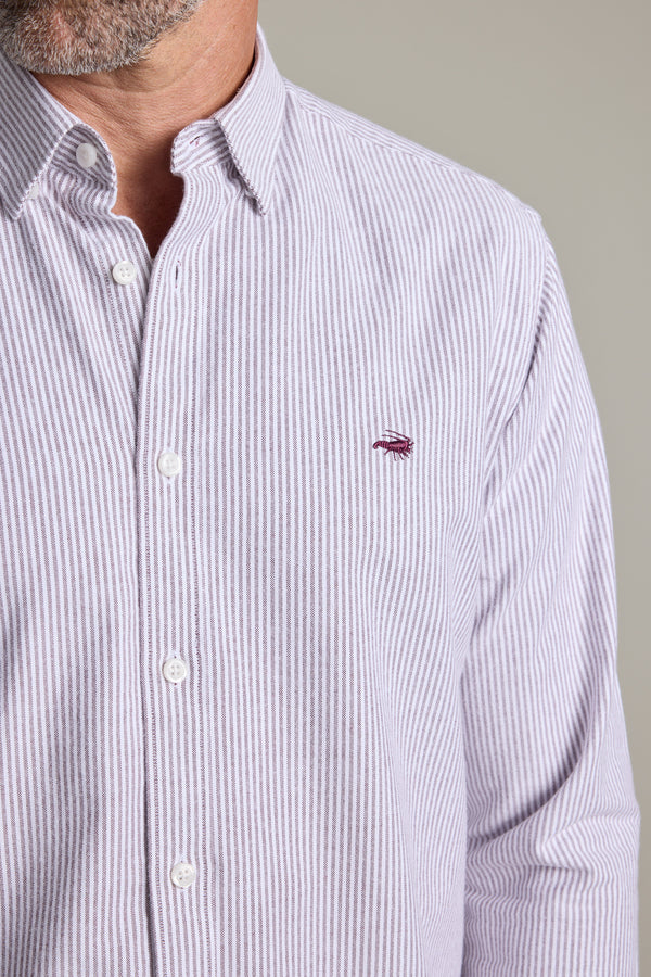Man in Barkers Maynard Oxford Stripe Shirt, 100% cotton with chest embroidered logo.