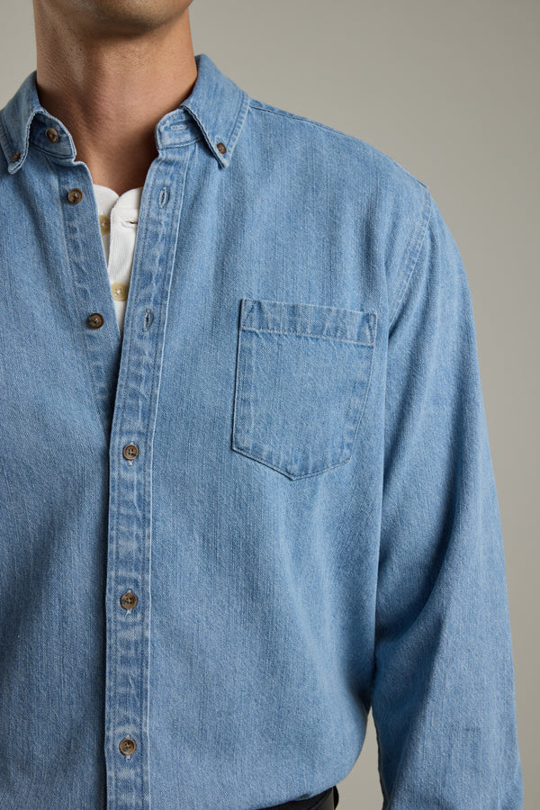 Man in Barkers Avalon Denim Shirt over a white tee, crafted from lightweight denim.