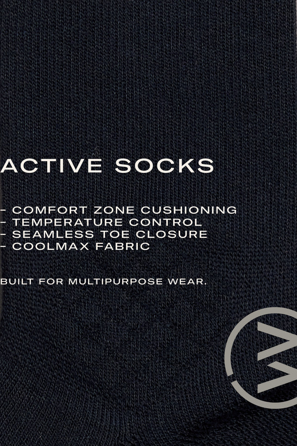 Close-up of black fabric with white text highlighting features of WearEver Active Socks by WearEver: comfort zone cushioning, temperature control, seamless toe closure, Coolmax fabric, and multipurpose wear. A circular logo appears at the bottom right.