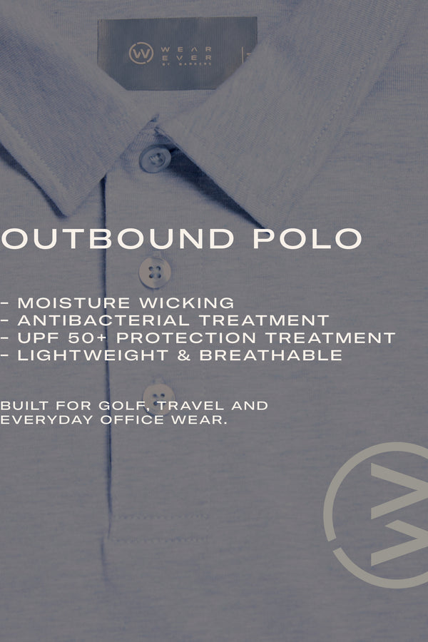 Close-up of the WearEver Outbound Polo in blue, featuring quick-drying, breathable cotton-blend fabric with antibacterial treatment, UPF 50+ protection, and moisture wicking. Perfect for golf, travel, or office wear.
