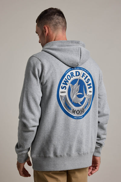 A person wearing a gray Swordfish Mojo Logo Hoody by Swordfish Mojo, made from responsibly sourced cotton, with a large circular blue and white logo on the back, faces away to highlight this signature LegaSea merch design.
