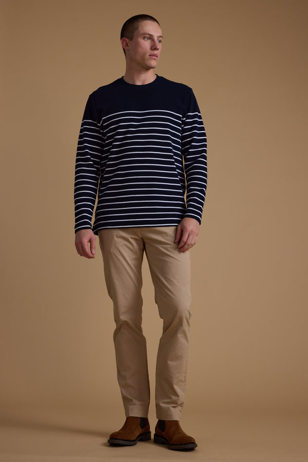 Barkers Avenue Stripe Waffle Crew in navy stripe