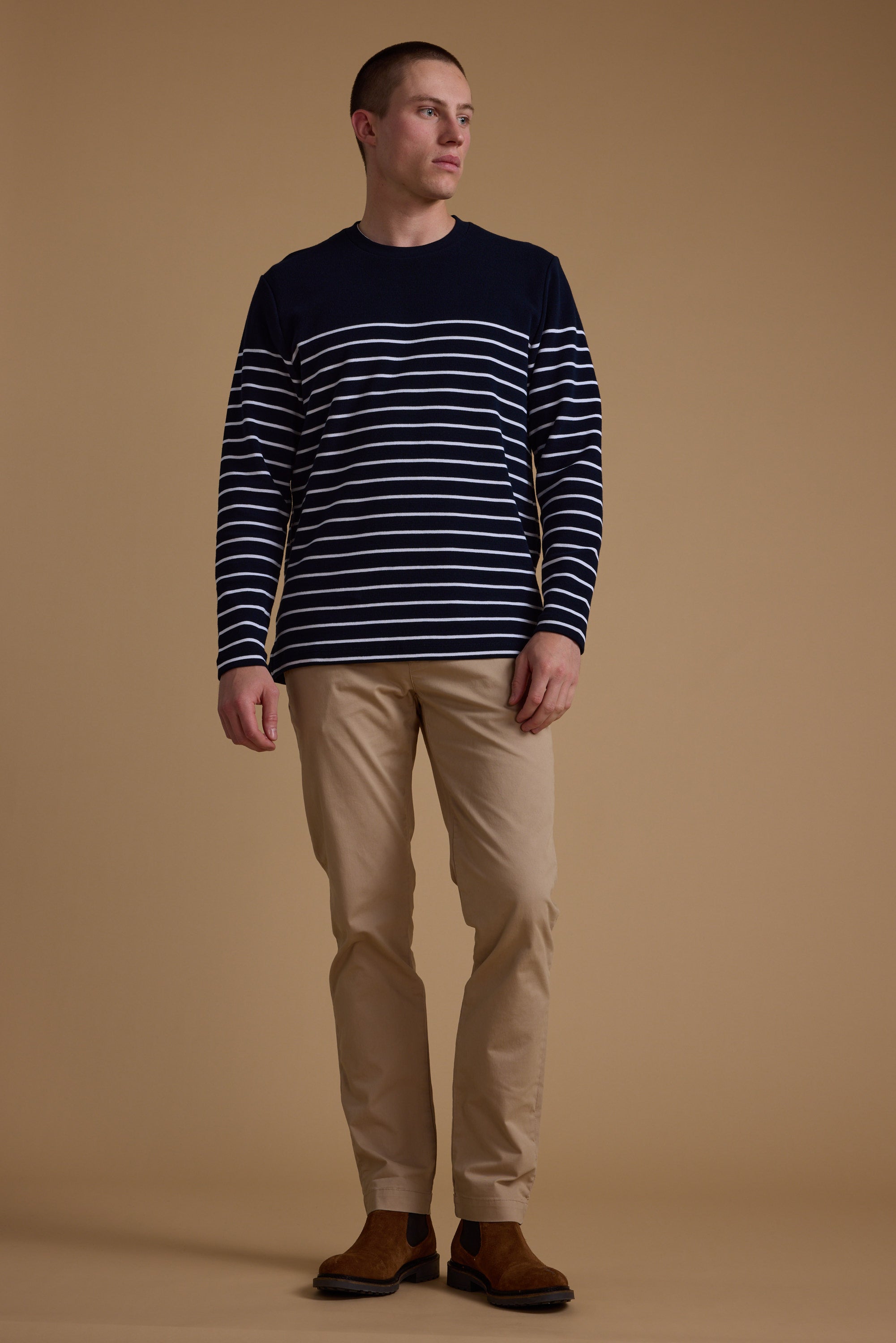 Barkers Avenue Stripe Waffle Crew in navy stripe
