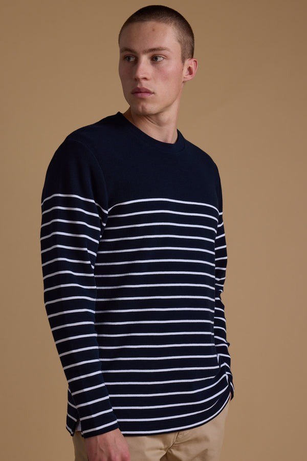 Barkers Avenue Stripe Waffle Crew in navy stripe, additional view