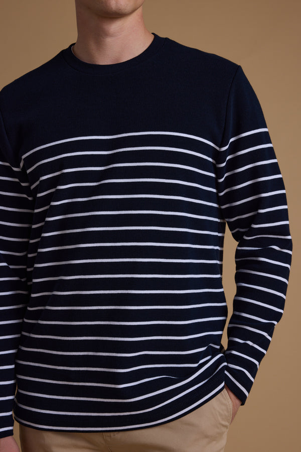 Barkers Avenue Stripe Waffle Crew in navy stripe, alternate view