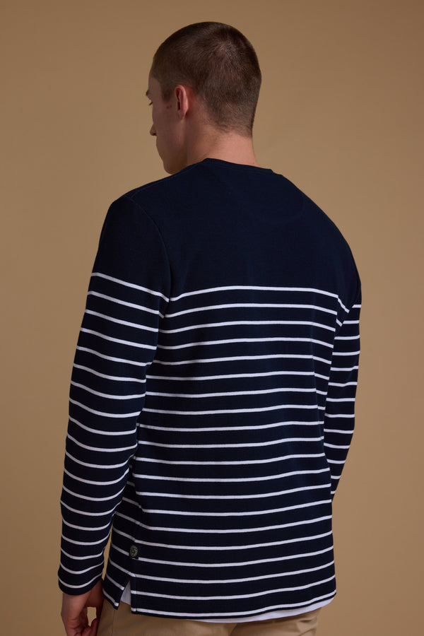 Barkers Avenue Stripe Waffle Crew in navy stripe, additional view