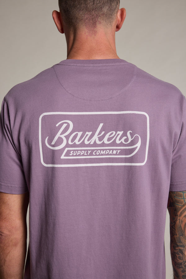 Barkers Stamp Logo Tee in purple, relaxed fit, alternate view
