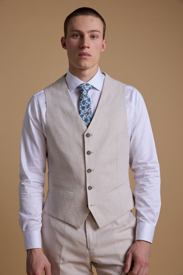 Barkers Somerton Linen Texture Waistcoat in stone, tailored fit, additional view