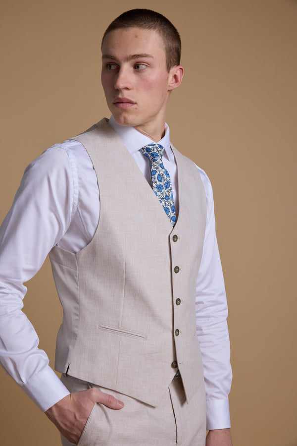 Barkers Somerton Linen Texture Waistcoat in stone, tailored fit, additional view