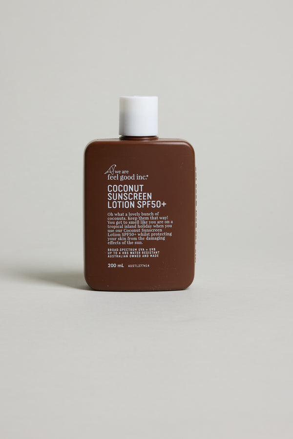 Other Feel Good 50+ SPF Coconut Sunscreen in a brown bottle on a plain background.