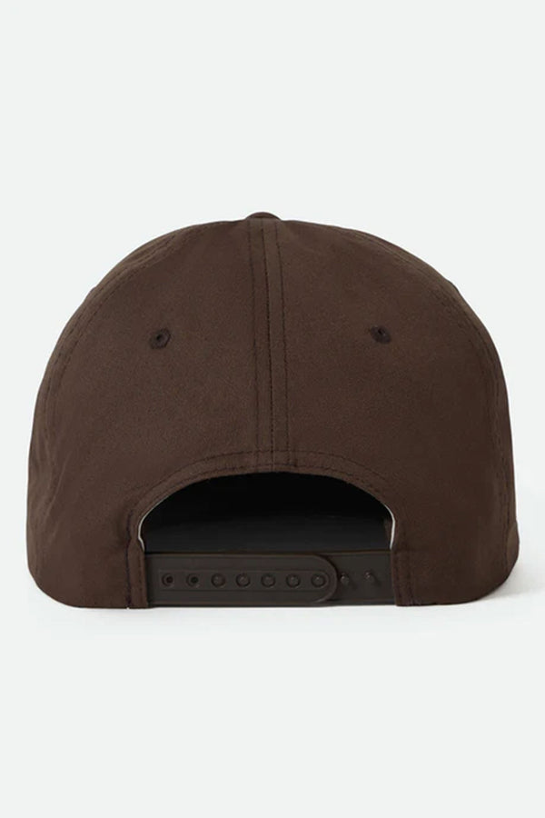 The image features the back view of the Brixton Coleson HP Snapback by Brixton, a brown vintage fit cap with a black adjustable snapback strap and two ventilation eyelets, displayed against a plain white background.