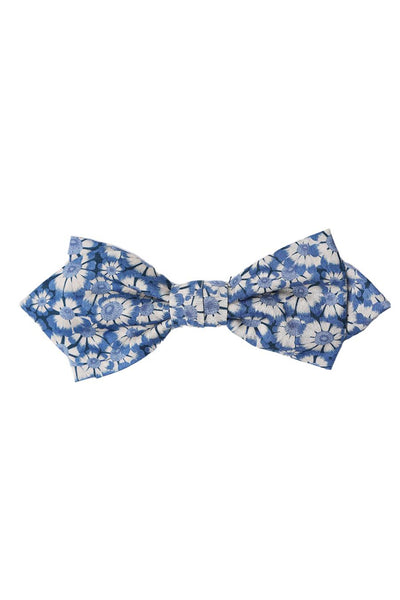 The Liberty Helenium Blue Floral Bowtie by Liberty is made from soft Tana Lawn cotton, featuring a white floral print with small flowers on blue fabric. Neatly tied, the bow tie is displayed against a plain white background.