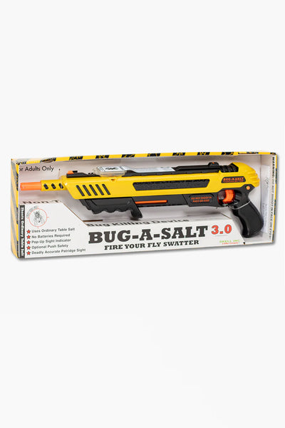 The Bug-A-Salt 3.0 Black Fly by Other is a boxed fly swatter gun with a yellow and black design, labeled "Fire Your Fly Swatter," offering improved accuracy for effective fly elimination using ordinary table salt.