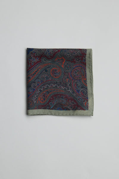 Parisian Paisley Wool Pocket Square in dark blue, red & grey on white background.