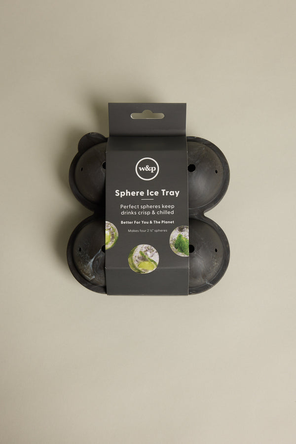 A marble black ice sphere tray by Barkers, labeled "Ice Tray Sphere Marble Black," creates perfect large ice spheres to keep drinks chilled and crisp; the packaging notes it's better for you and the planet, shown on a neutral background.