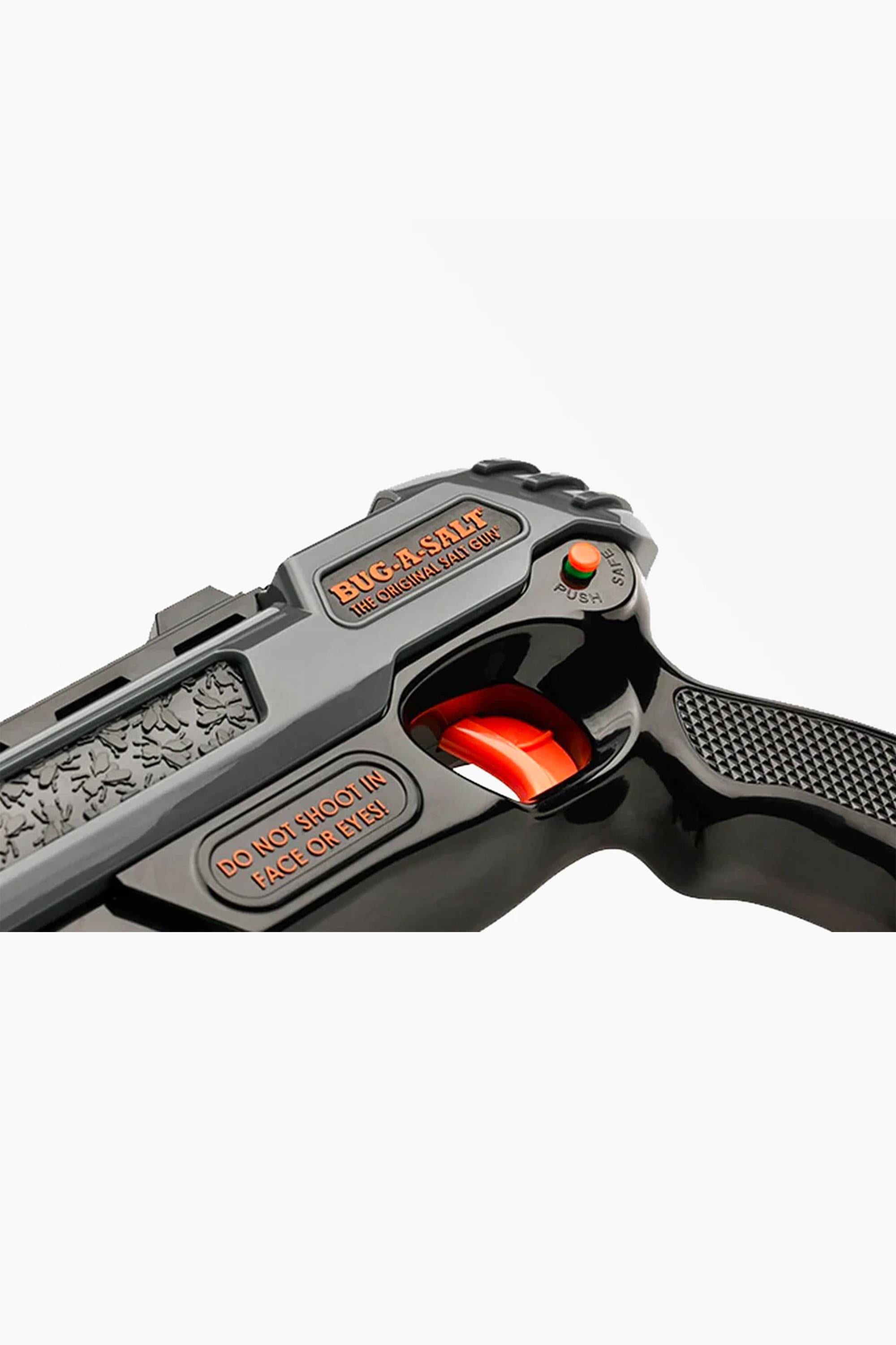 Close-up of a Bug-A-Salt 3.0 Black Fly by Other, showing safety switch and trigger.