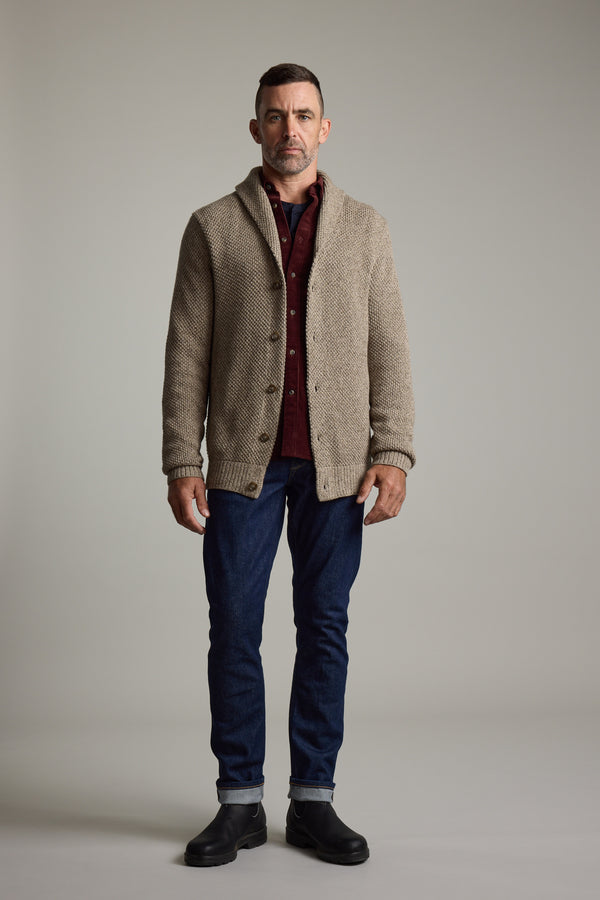 Man in Barkers Rudder Cotton Shawl Cardi, maroon shirt & jeans—ideal for winter layering.