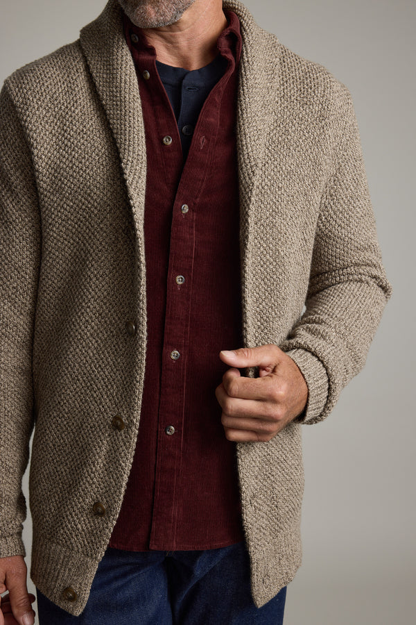 Man wearing the Barkers Rudder Cotton Shawl Cardi, ideal for winter layering in soft cotton.