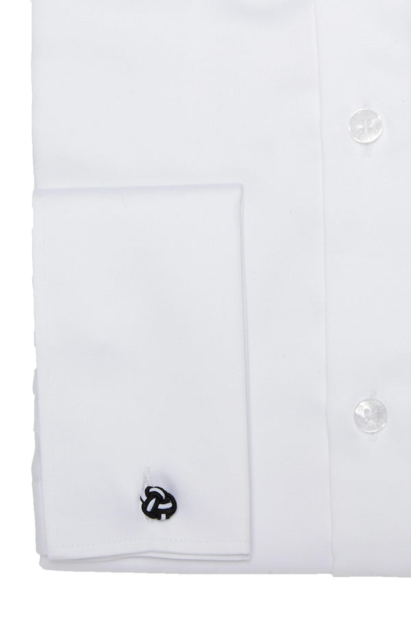 A close-up of the Barkers Tribeca French Cuff Shirt, tailored fit, featuring a French cuff secured by a black and silver knot-style cufflink. Two white buttons are visible on the placket.