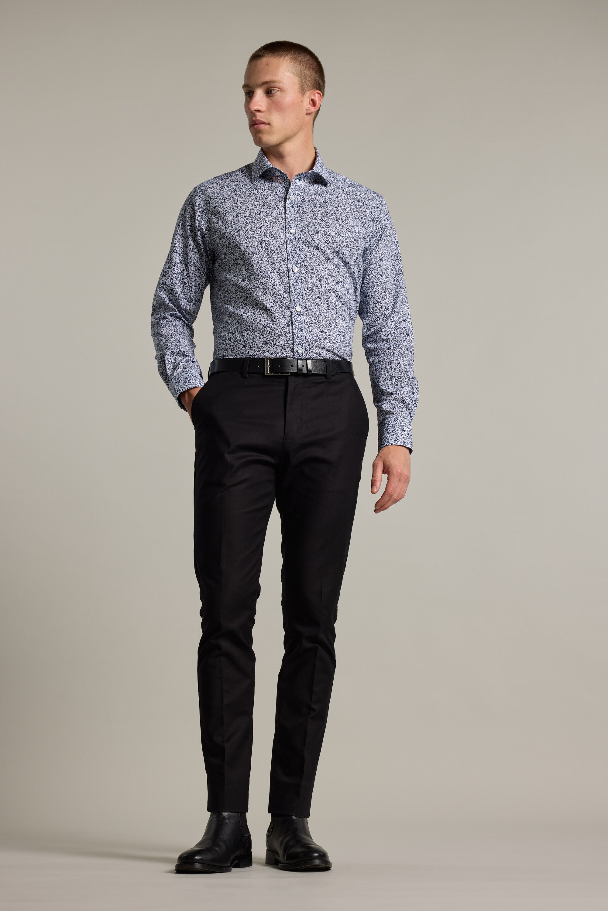 Barkers Gordon Print Business Shirt in navy, tailored fit, additional view
