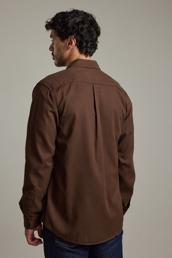 Man in Barkers Darden Shirt, classic fit, brown, facing away from the camera.