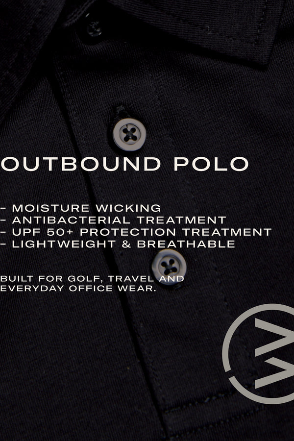 Close-up of the WearEver Outbound Polo in a breathable cotton-blend with lightweight stretch, moisture wicking, antibacterial treatment, and UPF 50+—perfect for golf, travel, or office. Subtle WearEver logo at bottom right.