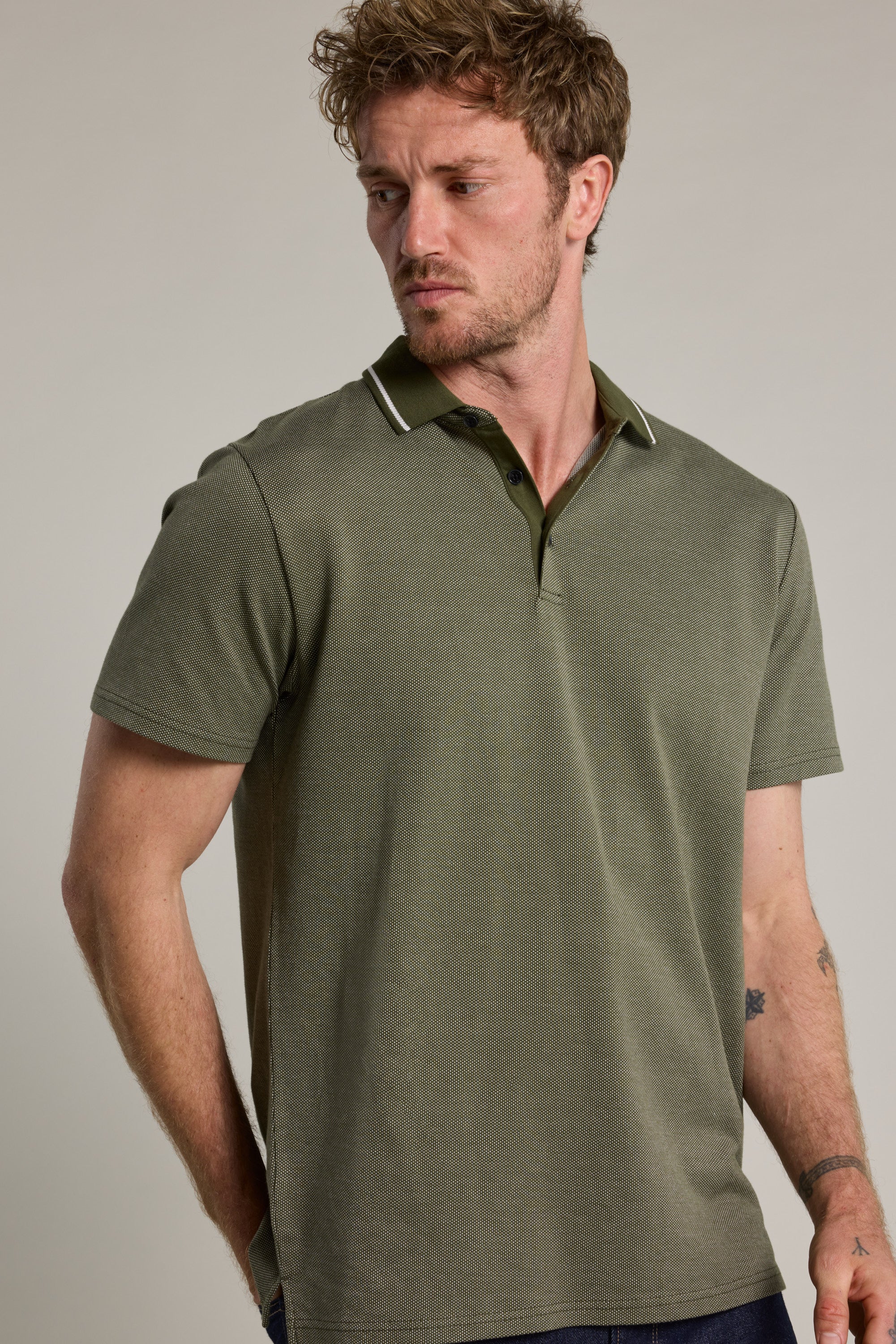 Barkers Olson Mercerised Texture Polo in khaki, classic fit