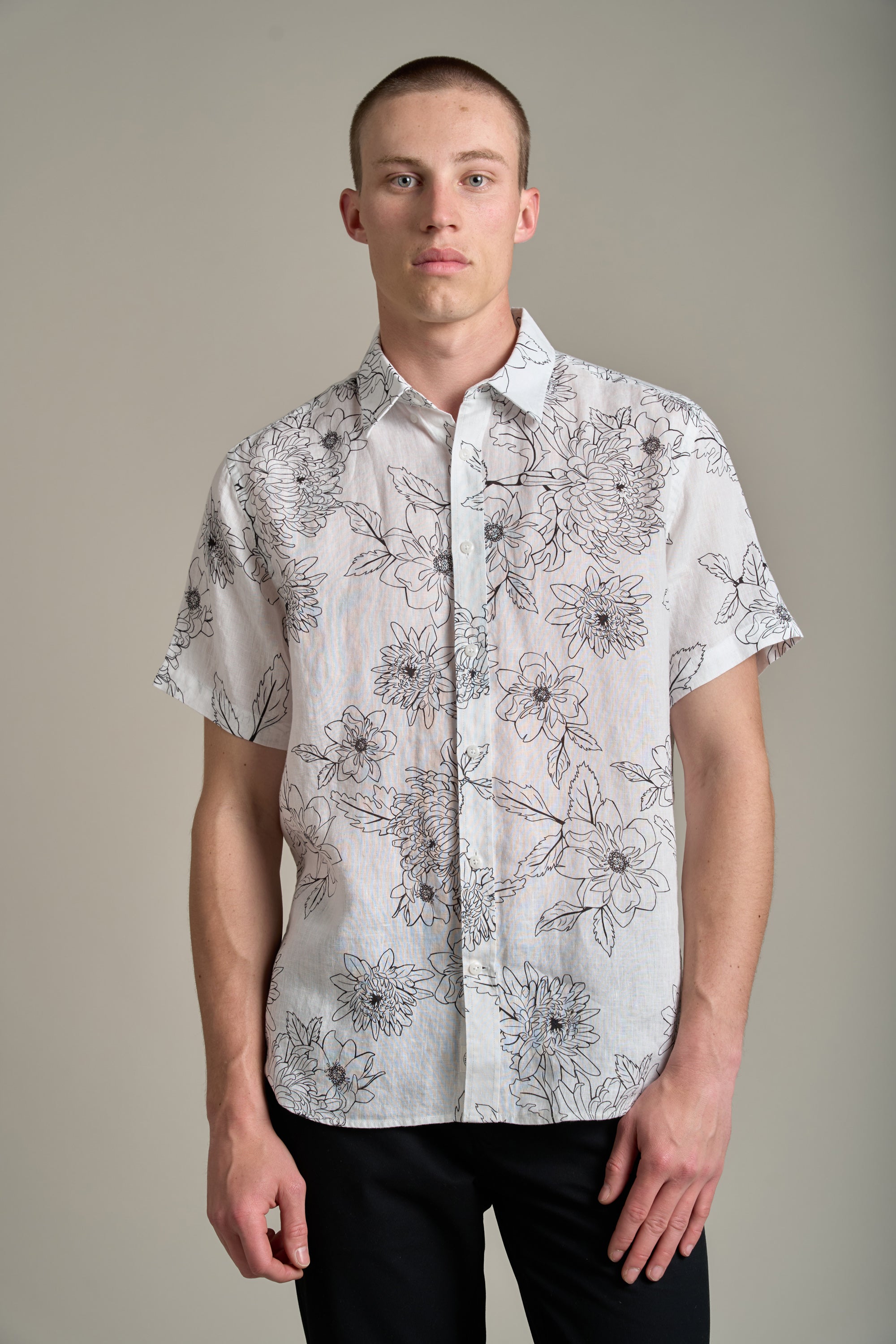 Barkers Maldon Linen Print Shirt in white, tailored fit, alternate view