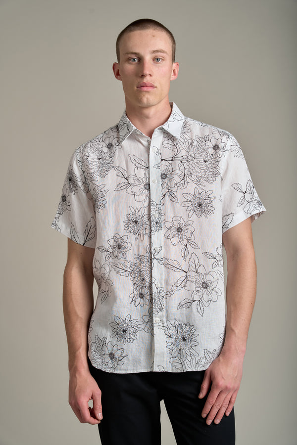 Barkers Maldon Linen Print Shirt in white, tailored fit, alternate view