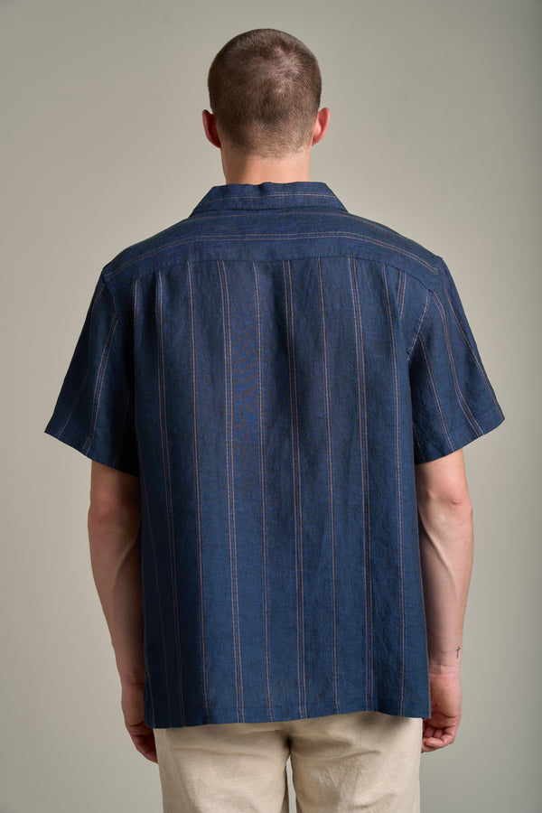 Barkers Seaway Linen Stripe Cuban Shirt in navy, additional view