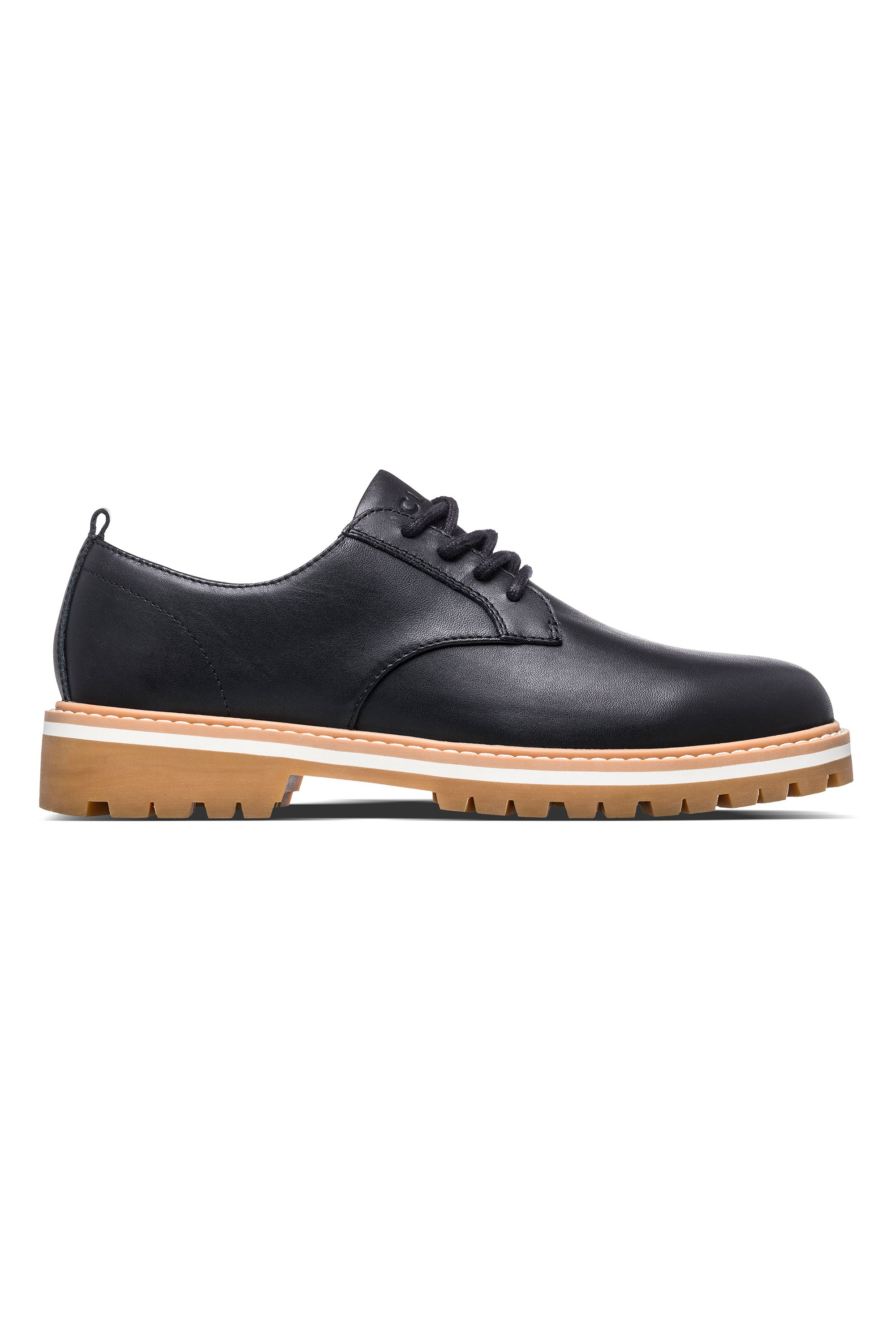 CLAE Logan premium leather lace-up by Clae with tan sole, shown in side profile.
