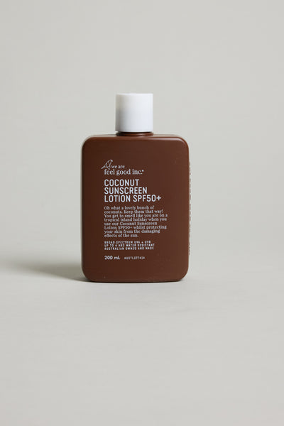 Other Feel Good 50+ SPF Coconut Sunscreen in a brown bottle on a plain background.