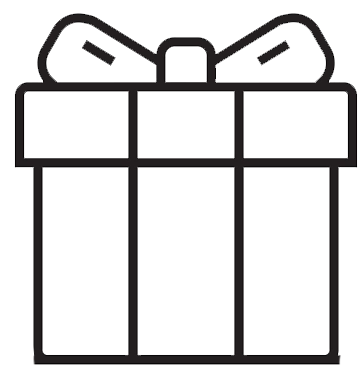 A simple black and white line drawing of a gift box with a large bow on top.