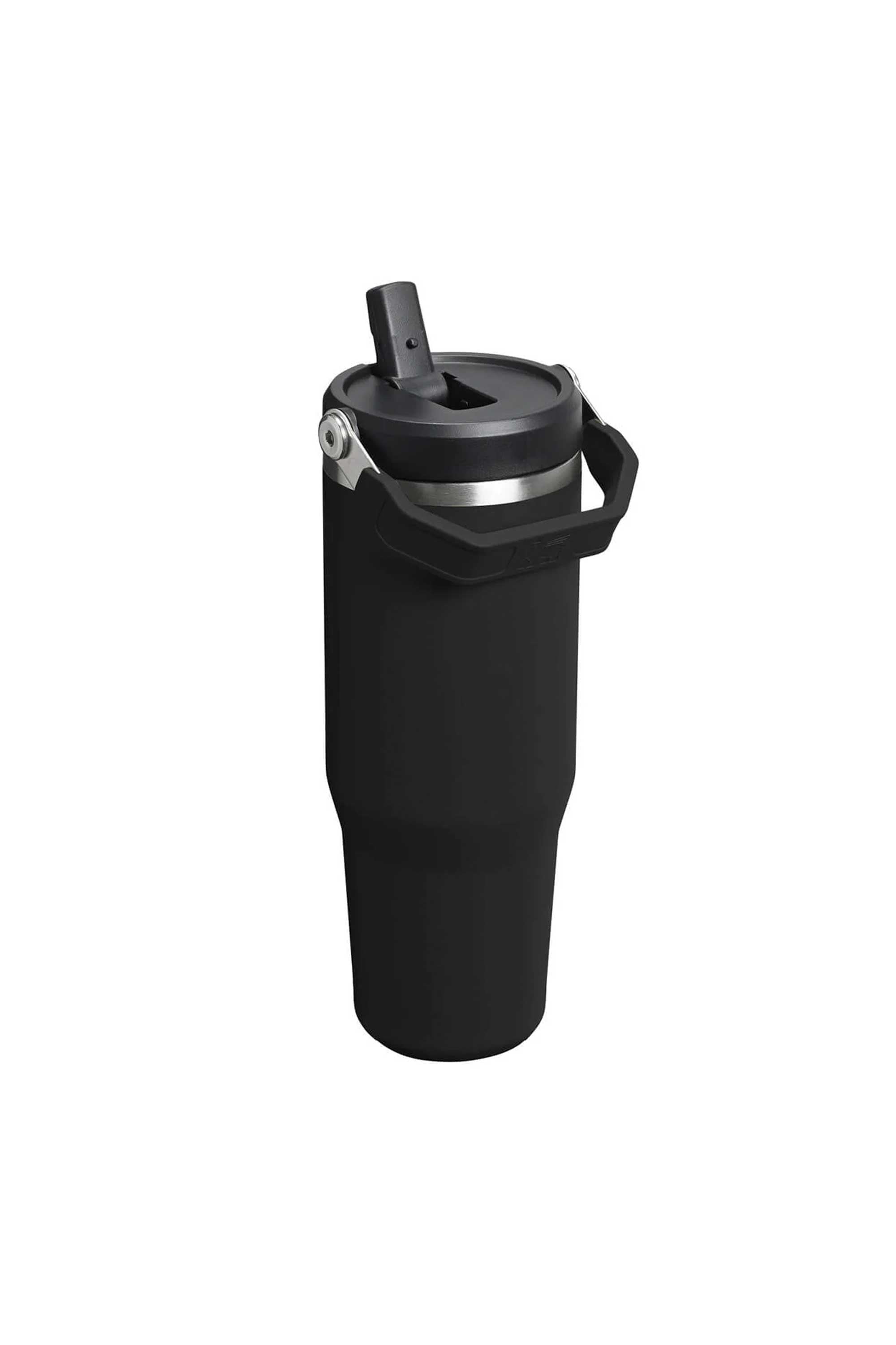 The Stanley IceFlow Flip Straw Tumbler 30 OZ in black features vacuum insulation, a handle, and a flip-up straw lid, styled like a classic Stanley tumbler and shown against a plain white background.