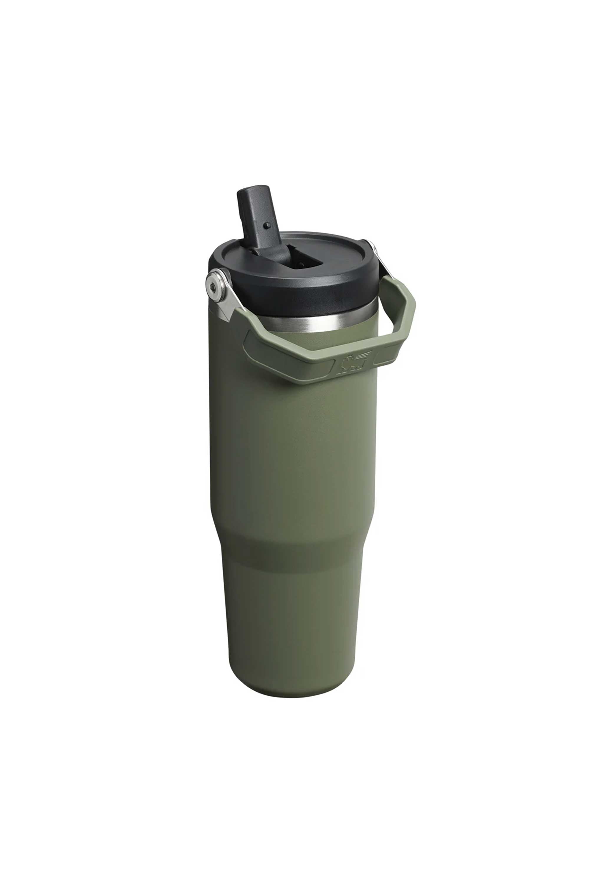 The Stanley IceFlow Flip Straw Tumbler 30 OZ in green features a handle, black flip-top lid, and double-wall vacuum insulation to keep drinks hot or cold. Made from recycled plastics, it stands upright on a white background.