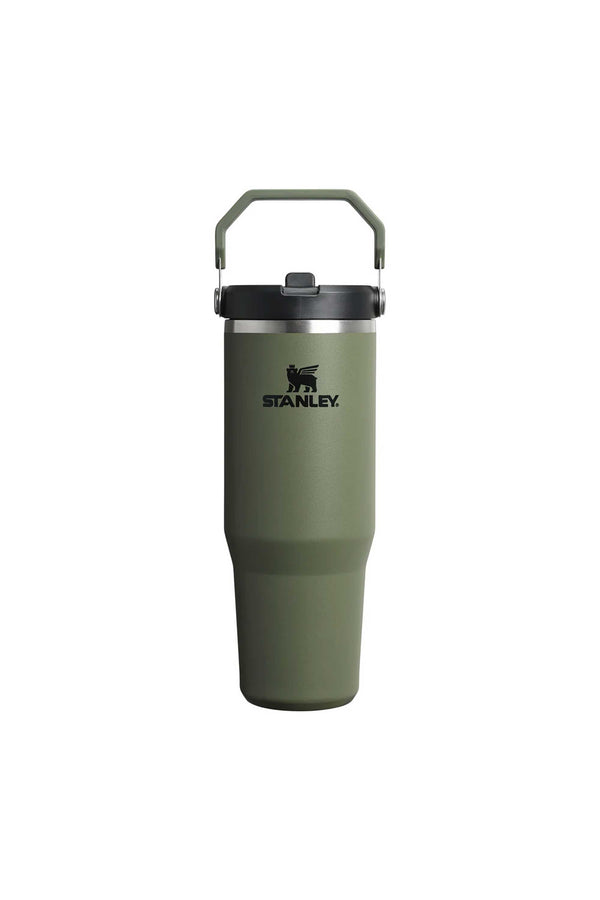 The Stanley IceFlow Flip Straw Tumbler 30 OZ, shown upright on a white background, is green with a handle, stainless steel rim, black lid, and features double-wall vacuum insulation.